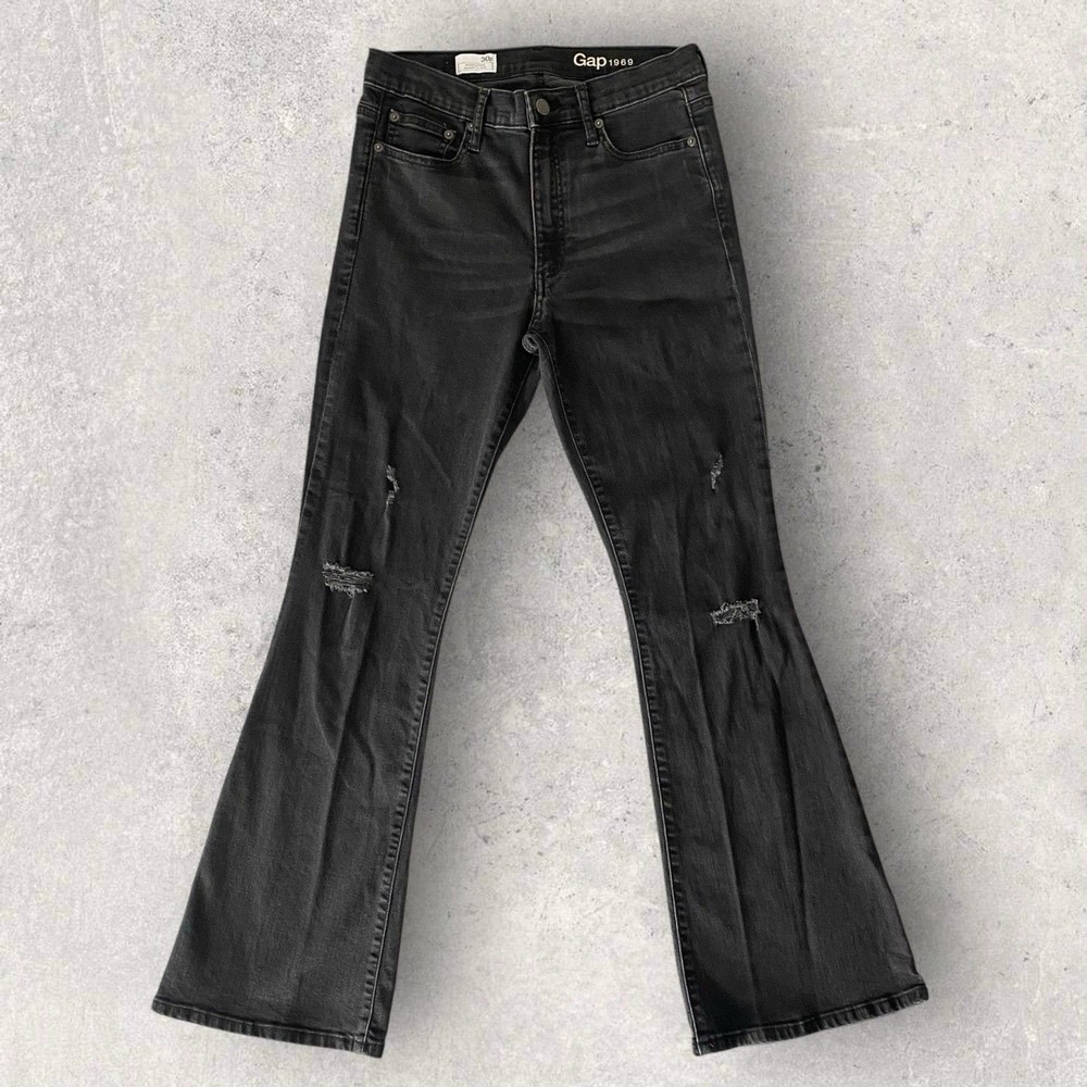 Gap 1969 Resolution Skinny Flare Jeans Womens 30p Black Distressed Faded Denim